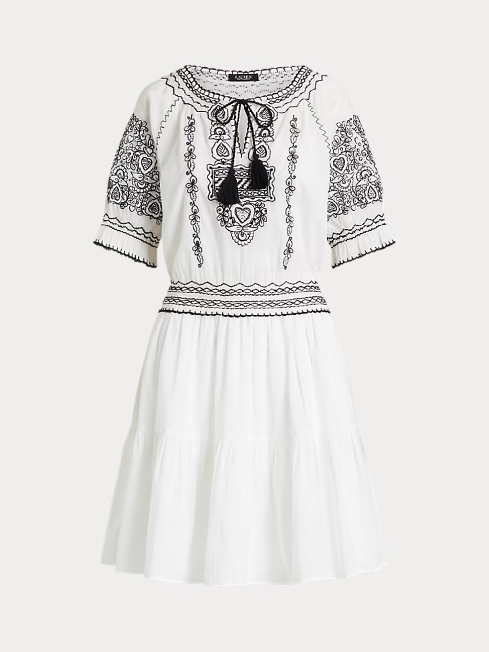 Ralph Lauren White Cotton Midi Dress with Black Embroidery
